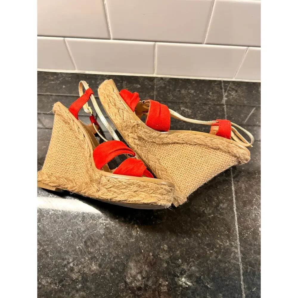 Colin Stuart Suede Espadrille Heel Wedges Sandals Bohemian Tomato‎ Beige SZ 7.5B